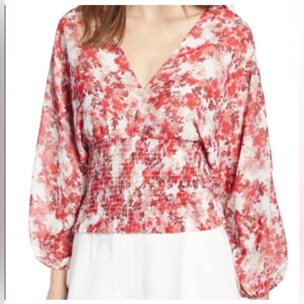 Wayf Coral Floral V-Neck Smocked Blouse Size X-Small